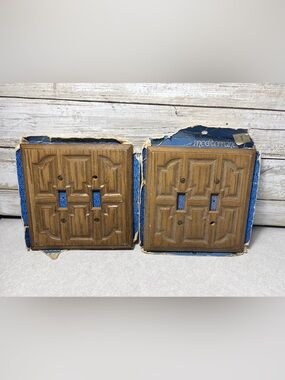 2 old NEW stock faux wood double switch covers